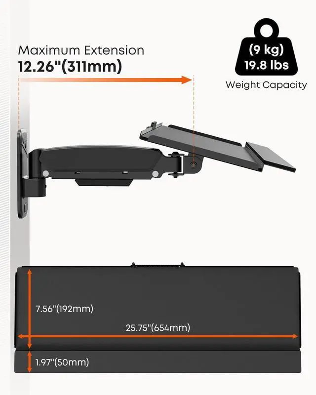 Alt view image 10 of 14 - Compact Wall Mount Keyboard Tray, 26 Inch Keyboard and Mouse Wall Mount | With Spring Arm, Height Adjustable Ergonomic Typing Platform with Anti-Slip & Wrist Pad, Holds up to 19.8 lbs