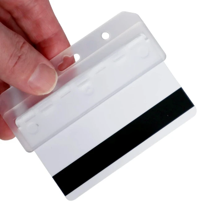 Alt view image 8 of 14 - Frosted Rigid Plastic Horizontal Half Card ID Badge Holders - Hard Plastic Easy Access Swipe Card Gripper - Swipeable Badge Holders for Magnetic Strip Office and Student IDs - 50 Pack