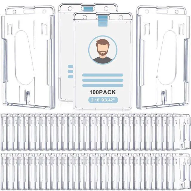 Alt view image 8 of 14 - 100 Pcs Hard Plastic Badge Holder with Thumb Slot Dual Sided Clear Card Holder Badge Protector Vertical ID Holders for Badge Office School Driver's Licenses and Passes