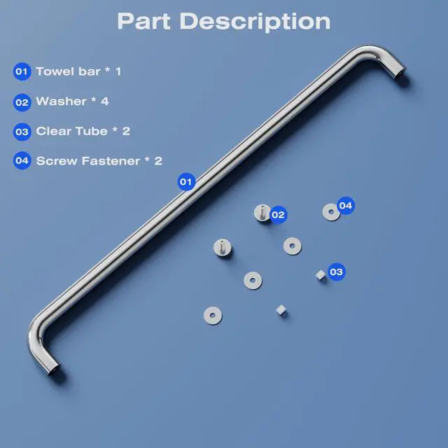 Alt view image 14 of 14 - 24 Inch Shower Door Handle, Single-Sided Towel Bar, Polished Chrome | 304 Stainless Steel, Fits 1/4"1/2" Glass, 24" Hole Spacing, for Sliding Shower Doors, Tub Doors and Shower Enclosures