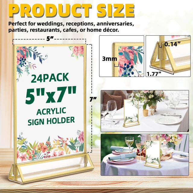 Alt view image 9 of 14 - 24-Pack 5"x7" Gold Acrylic Picture Frames 3mm Gold Border Wedding Table Number Holders, Clear Double-Sided Acrylic Sign Holders for Weddings, Banquets, Parties, Centerpieces