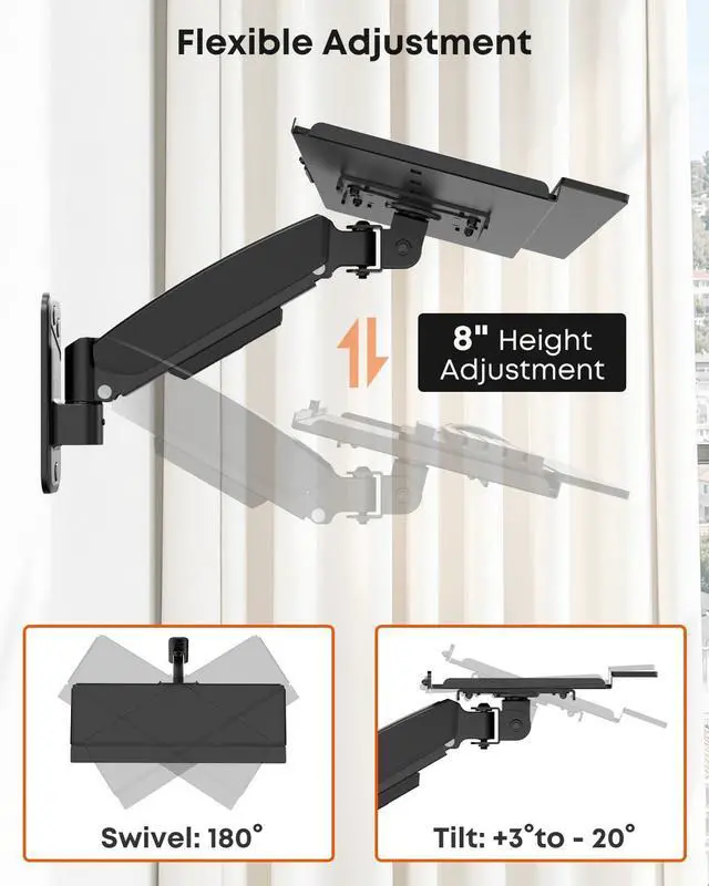 Alt view image 11 of 14 - Compact Wall Mount Keyboard Tray, 26 Inch Keyboard and Mouse Wall Mount | With Spring Arm, Height Adjustable Ergonomic Typing Platform with Anti-Slip & Wrist Pad, Holds up to 19.8 lbs