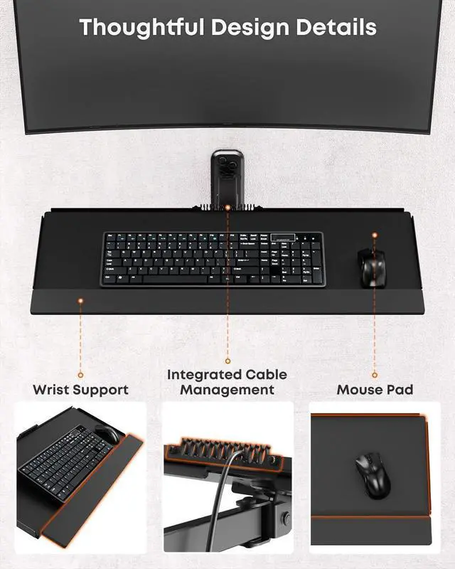 Alt view image 12 of 14 - Compact Wall Mount Keyboard Tray, 26 Inch Keyboard and Mouse Wall Mount | With Spring Arm, Height Adjustable Ergonomic Typing Platform with Anti-Slip & Wrist Pad, Holds up to 19.8 lbs