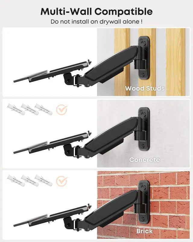 Alt view image 13 of 14 - Compact Wall Mount Keyboard Tray, 26 Inch Keyboard and Mouse Wall Mount | With Spring Arm, Height Adjustable Ergonomic Typing Platform with Anti-Slip & Wrist Pad, Holds up to 19.8 lbs
