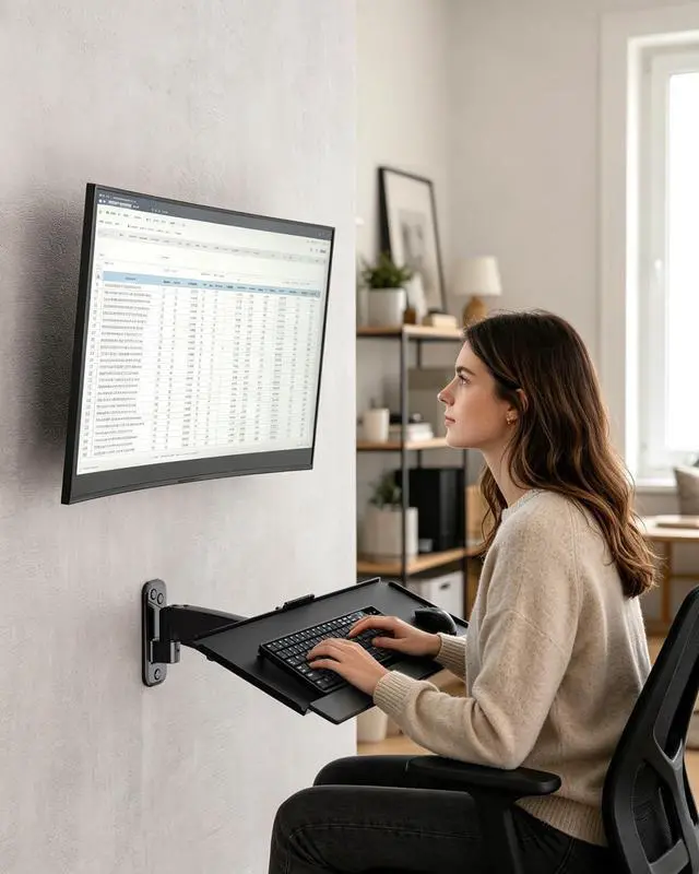 Alt view image 14 of 14 - Compact Wall Mount Keyboard Tray, 26 Inch Keyboard and Mouse Wall Mount | With Spring Arm, Height Adjustable Ergonomic Typing Platform with Anti-Slip & Wrist Pad, Holds up to 19.8 lbs