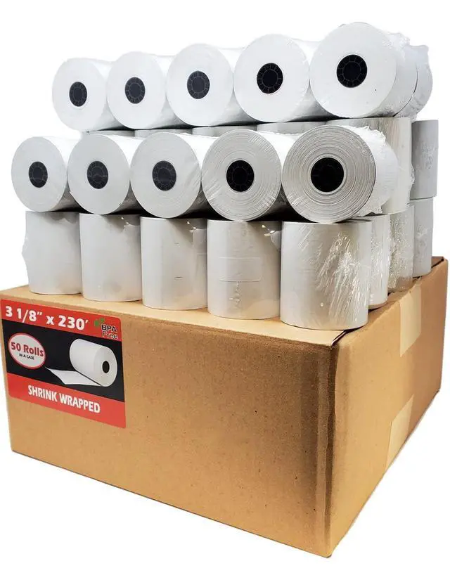 Alt view image 8 of 14 - 55GSM - Shrink Wrap 3 1/8 x230 Feet Clover Station Thermal Paper Rolls (1 CASE - 50 ROLLS) BPA Free M129C, M244a, M129 Star tsp100 Receipt Printer Paper from