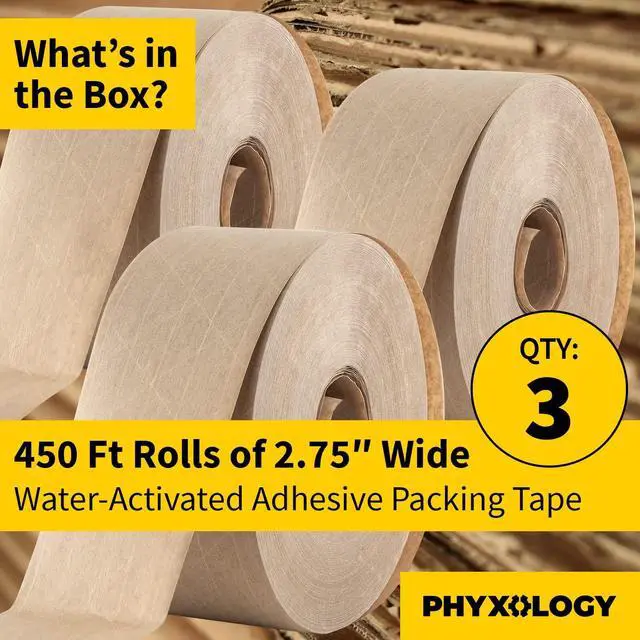 Alt view image 8 of 12 - Ultra Durable Water-Activated Tape for Secure Packing 3Pk. 2.75 in, 450 Ft Brown Kraft Gum Tape Provides Heavy Duty Adhesive for Packaging and Shipping. Fiberglass Reinforced for Extra Strong Bond