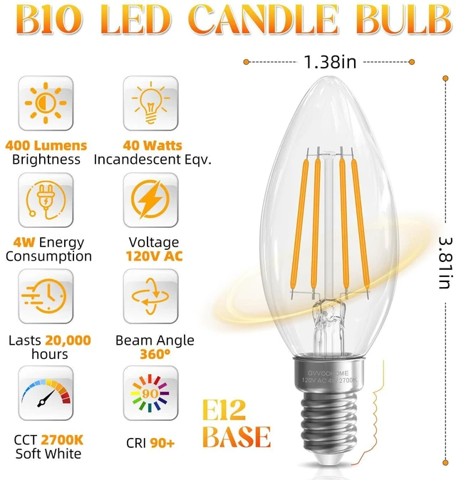 Alt view image 9 of 14 - E12 Candelabra Bulb 40 watt Equivalent, E12 LED Bulb Soft White | 2700K Chandelier Light Bulbs, Non-Dimmable B10 Candle Light Bulbs, 400LM, Candelabra Bulbs, 90+CRI, Clear Glass, 12 Pack