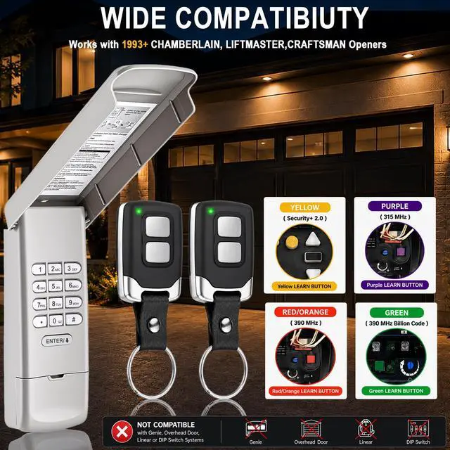 Alt view image 10 of 14 - 3-in-1 Garage Door Keypad & 2 Remotes for LiftMaster Chamberlain Craftsman | 2 keychain remotes, easy setup, replace 877MAX,878MAX,893MAX,893LM, fit Yellow/Purple/Red/Orange/Green Learn Button openers