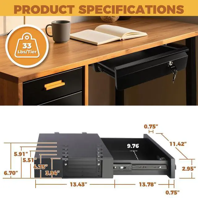 Alt view image 9 of 14 - 14 in Deep Under Desk Drawer Lockable, Pull Out Storage Organizer | Carbon Steel Under Table Drawer with Lock & Key, Adjustable Height Under Desk Drawer Slide Out Smooth Slide Rails,Hold 33 lbs