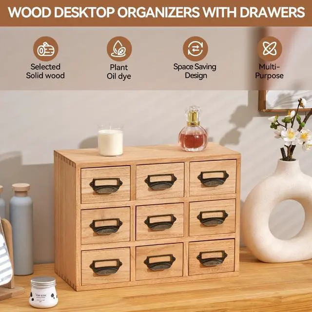 Alt view image 11 of 14 - Wooden Desk Organizer with 9 Drawers, Storage Cabinet, Natural | Solid Wood Desktop Organizer with Metal Label Handles for Office Supplies, Crafts, Tea Bags, Makeup, Fully Assembled