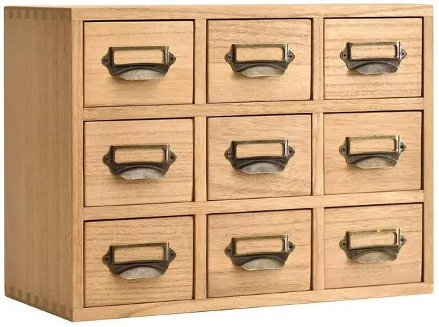 Alt view image 8 of 14 - Wooden Desk Organizer with 9 Drawers, Storage Cabinet, Natural | Solid Wood Desktop Organizer with Metal Label Handles for Office Supplies, Crafts, Tea Bags, Makeup, Fully Assembled