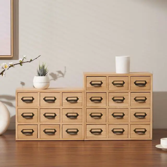 Alt view image 9 of 14 - Wooden Desk Organizer with 9 Drawers, Storage Cabinet, Natural | Solid Wood Desktop Organizer with Metal Label Handles for Office Supplies, Crafts, Tea Bags, Makeup, Fully Assembled