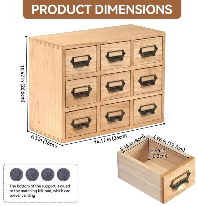 Alt view image 10 of 14 - Wooden Desk Organizer with 9 Drawers, Storage Cabinet, Natural | Solid Wood Desktop Organizer with Metal Label Handles for Office Supplies, Crafts, Tea Bags, Makeup, Fully Assembled