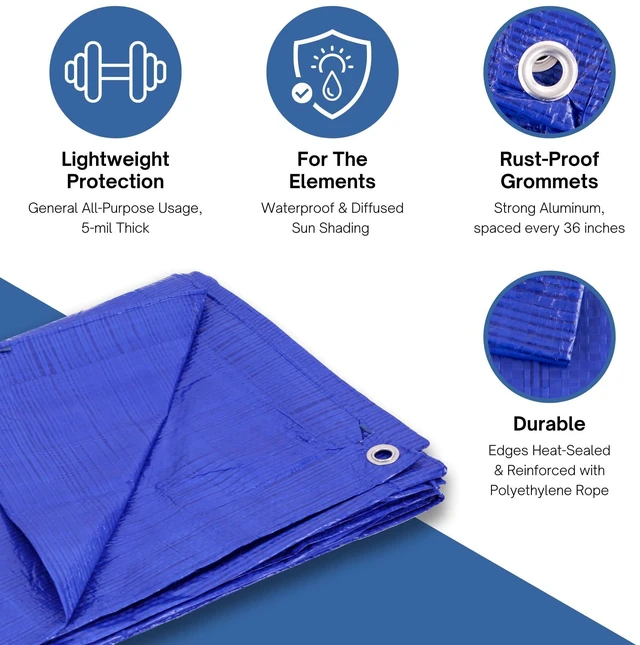 Alt view image 10 of 14 - 10 x 10 Ft. All-Purpose Multi-Use Protection/Coverage 5-mil Poly Tarp, Waterproof, Blue, 1-Pack (TRA-1010)