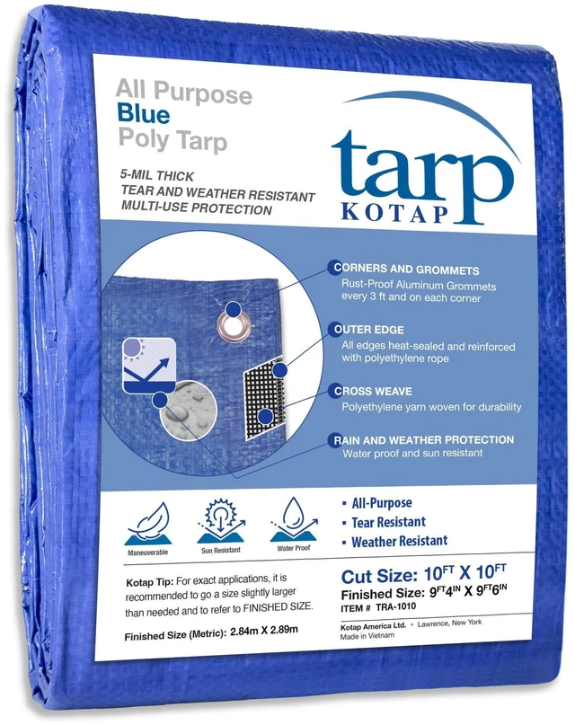 Alt view image 8 of 14 - 10 x 10 Ft. All-Purpose Multi-Use Protection/Coverage 5-mil Poly Tarp, Waterproof, Blue, 1-Pack (TRA-1010)