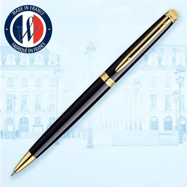 Alt view image 9 of 14 - Hémisphère Ballpoint Pen | Gloss Black with 23k Gold Trim | Medium Point | Blue Ink | Gift Box