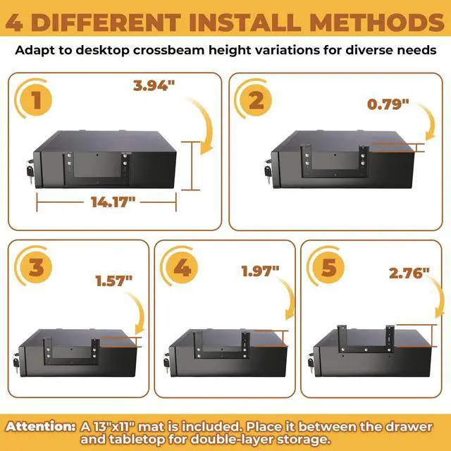 Alt view image 12 of 14 - 14 in Deep Under Desk Drawer Lockable, Pull Out Storage Organizer | Carbon Steel Under Table Drawer with Lock & Key, Adjustable Height Under Desk Drawer Slide Out Smooth Slide Rails,Hold 33 lbs