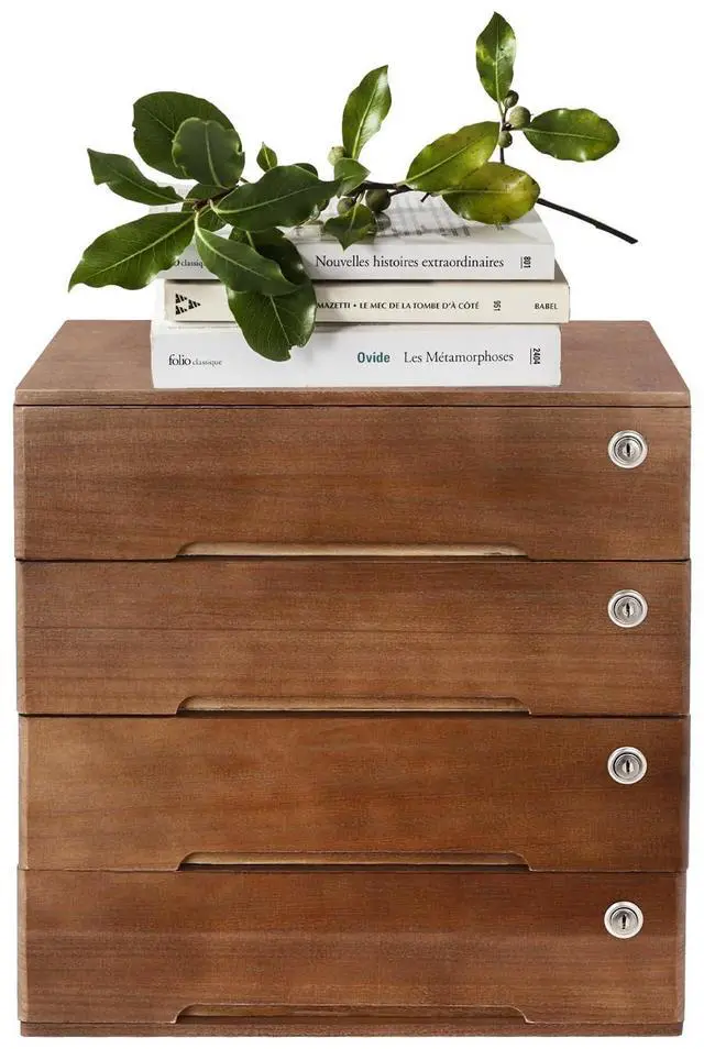 Alt view image 8 of 14 - 4 Drawers Wooden Desktop Storage Box W/Lockable Drawers,16 In H Office Supplies File Organizer, Flat File Cabinet,Wood Rail & Curved Handle For Dresser Tabletop