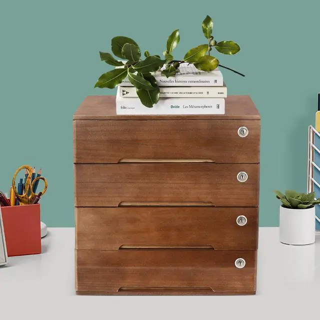 Alt view image 13 of 14 - 4 Drawers Wooden Desktop Storage Box W/Lockable Drawers,16 In H Office Supplies File Organizer, Flat File Cabinet,Wood Rail & Curved Handle For Dresser Tabletop