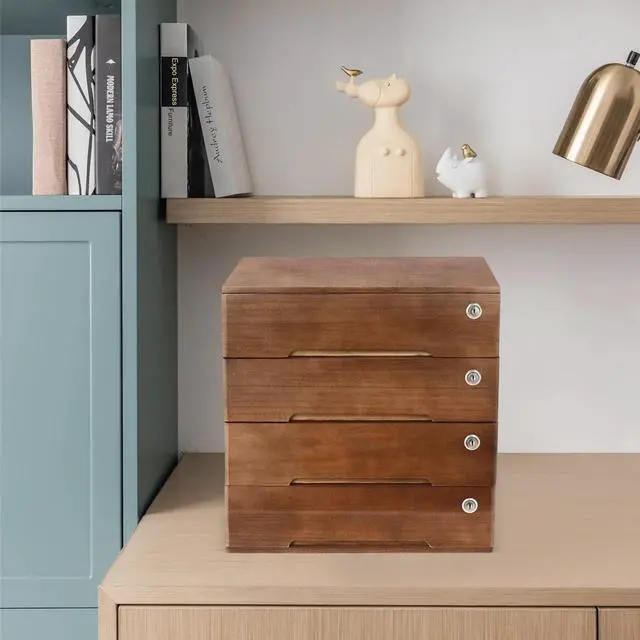 Alt view image 9 of 14 - 4 Drawers Wooden Desktop Storage Box W/Lockable Drawers,16 In H Office Supplies File Organizer, Flat File Cabinet,Wood Rail & Curved Handle For Dresser Tabletop