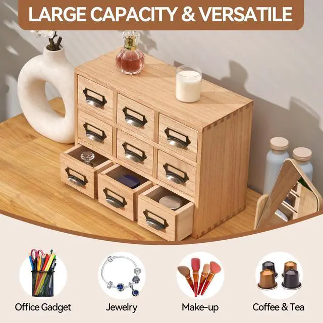 Alt view image 14 of 14 - Wooden Desk Organizer with 9 Drawers, Storage Cabinet, Natural | Solid Wood Desktop Organizer with Metal Label Handles for Office Supplies, Crafts, Tea Bags, Makeup, Fully Assembled