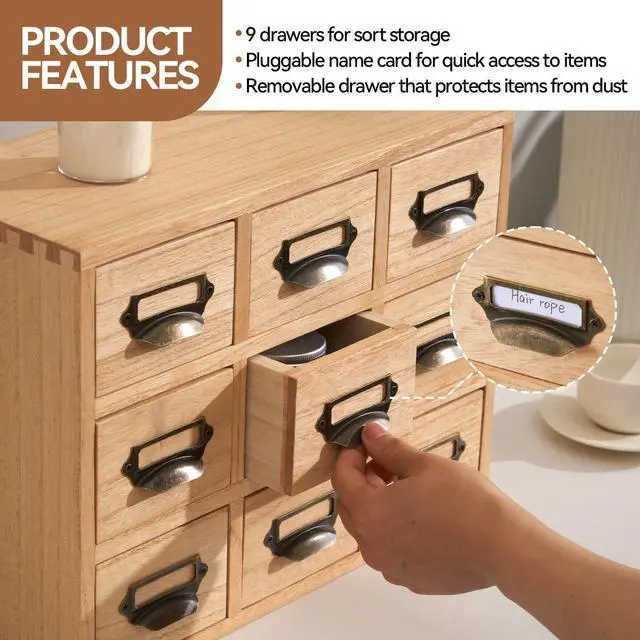 Alt view image 12 of 14 - Wooden Desk Organizer with 9 Drawers, Storage Cabinet, Natural | Solid Wood Desktop Organizer with Metal Label Handles for Office Supplies, Crafts, Tea Bags, Makeup, Fully Assembled