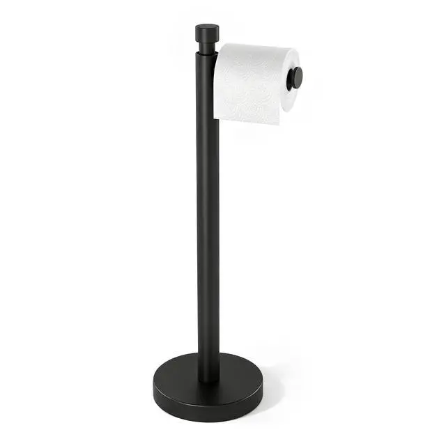 Alt view image 8 of 14 - Toilet Paper Holder Stand with Weighted Base, Matte Black | Stainless Steel Design with Open-Arm Access for Bathrooms and Powder Rooms