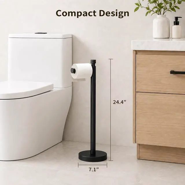 Alt view image 9 of 14 - Toilet Paper Holder Stand with Weighted Base, Matte Black | Stainless Steel Design with Open-Arm Access for Bathrooms and Powder Rooms