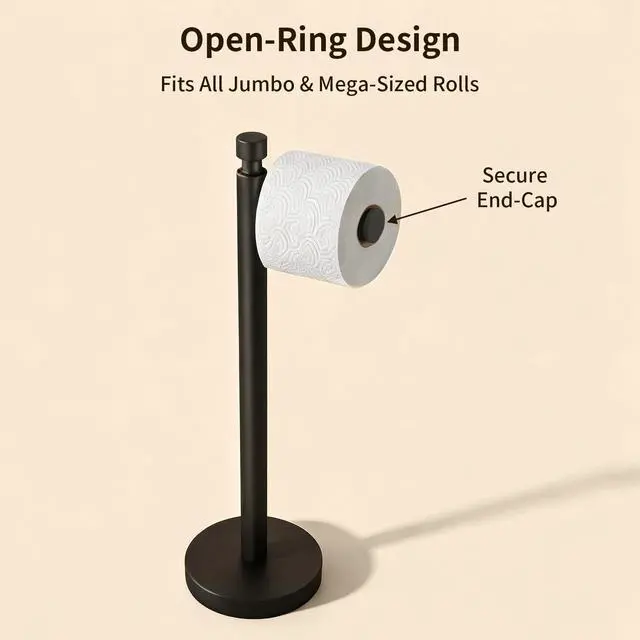 Alt view image 13 of 14 - Toilet Paper Holder Stand with Weighted Base, Matte Black | Stainless Steel Design with Open-Arm Access for Bathrooms and Powder Rooms