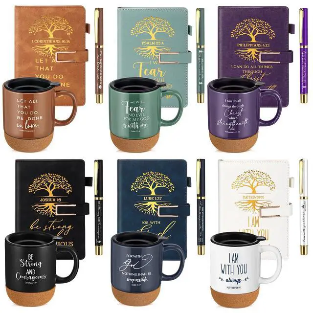 Alt view image 8 of 14 - 6 Set 6 Set Christian Gift for Men Women,Religious Church Gift with 15 oz Bible Verse Ceramic Coffee Mug A5 Journal Notebook Pen for Pastor Clergy Appreciation (Dark Color,Fashion)