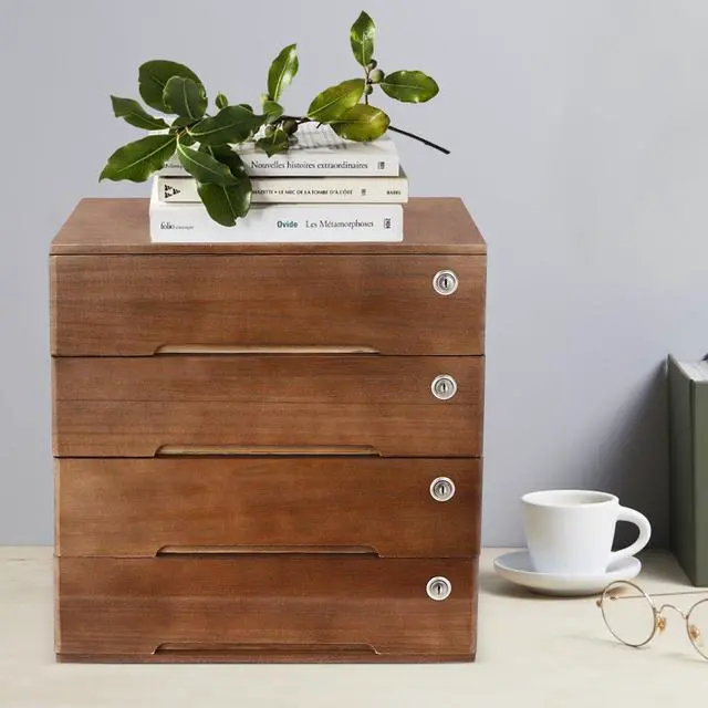 Alt view image 14 of 14 - 4 Drawers Wooden Desktop Storage Box W/Lockable Drawers,16 In H Office Supplies File Organizer, Flat File Cabinet,Wood Rail & Curved Handle For Dresser Tabletop