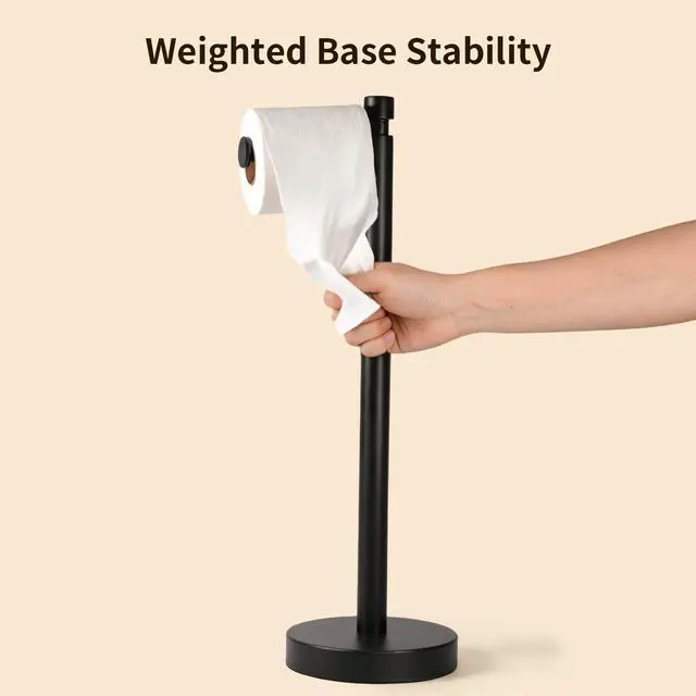 Alt view image 10 of 14 - Toilet Paper Holder Stand with Weighted Base, Matte Black | Stainless Steel Design with Open-Arm Access for Bathrooms and Powder Rooms