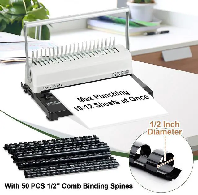 Alt view image 11 of 12 - Comb Binding Machine,19 Holes, with 50 PCS 1/2" Binding Combs Spines | Comb Binder Machine for Letter Size/A5, Easy Punch No Jam, Heavy-Duty Metal Build, Adjustable Margin, MAX Binding 450 Sheets
