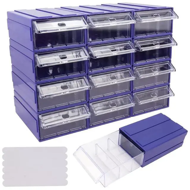 Alt view image 8 of 14 - 12 Pcs Drawer Stacking Storage Cabinet, Blue Plastic Drawers Storage Closet & 36 Pcs Clear Dividers Organizer Rack & 48 Pcs Tag Card & 24 Pcs Non-slip Stickers for Home Office School