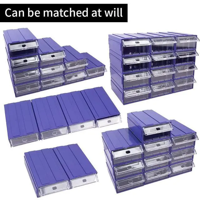 Alt view image 10 of 14 - 12 Pcs Drawer Stacking Storage Cabinet, Blue Plastic Drawers Storage Closet & 36 Pcs Clear Dividers Organizer Rack & 48 Pcs Tag Card & 24 Pcs Non-slip Stickers for Home Office School