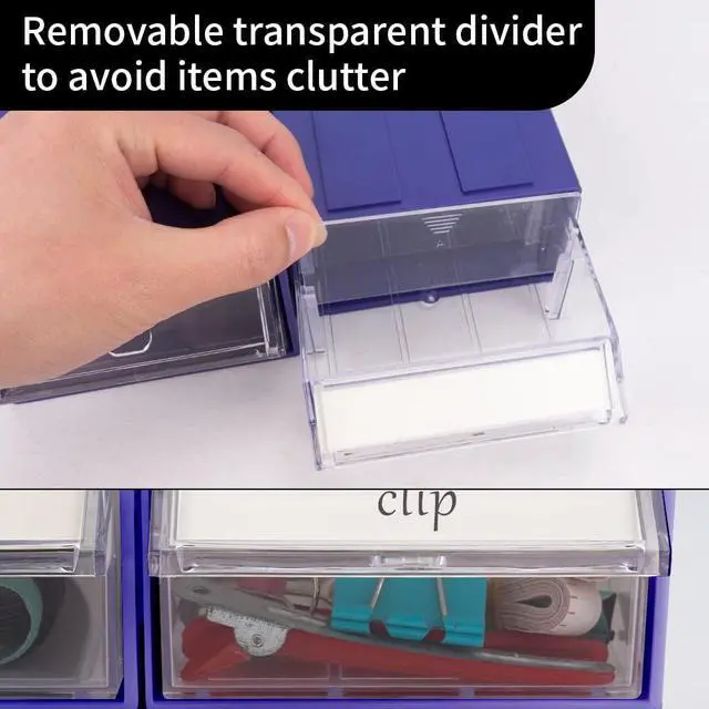 Alt view image 13 of 14 - 12 Pcs Drawer Stacking Storage Cabinet, Blue Plastic Drawers Storage Closet & 36 Pcs Clear Dividers Organizer Rack & 48 Pcs Tag Card & 24 Pcs Non-slip Stickers for Home Office School