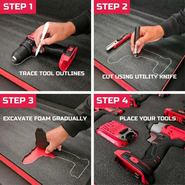 Alt view image 11 of 14 - Tool Box Foam 24x18x2 inch 3Pack, Foam Inserts for Cases, Polyethylene Storage Sheets for Toolbox Hard Case, Tool Shadow Insert, Kaizen Organizer Sheet, Black with Red