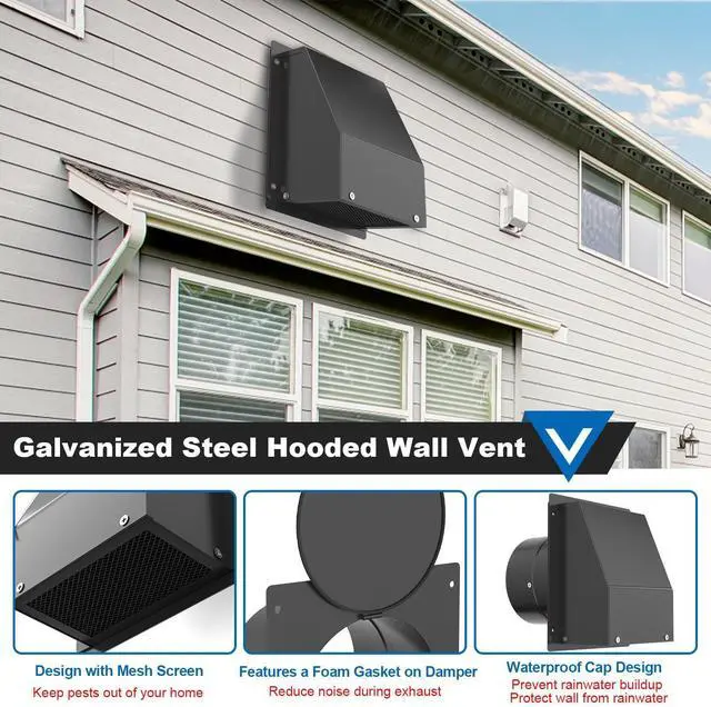 Alt view image 10 of 14 - 4 Inch Dryer Vent Cover, Hooded Wall Vent with Screen and Damper Galvanized Steel Vent Covers for Wall Black Air Exhaust Duct Outlet Cap Kit for Exterior Home Outdoor Laundry Room Ventilation
