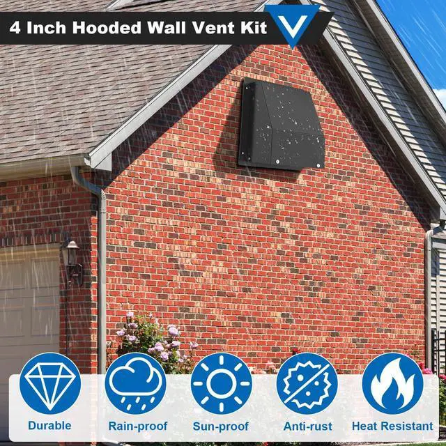 Alt view image 13 of 14 - 4 Inch Dryer Vent Cover, Hooded Wall Vent with Screen and Damper Galvanized Steel Vent Covers for Wall Black Air Exhaust Duct Outlet Cap Kit for Exterior Home Outdoor Laundry Room Ventilation
