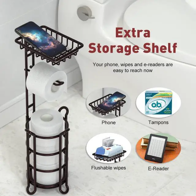 Alt view image 11 of 14 - Toilet Paper Holder Stand Tissue Paper Roll Dispenser with Shelf for Bathroom Storage Holds Reserve Mega Rolls-Bronze