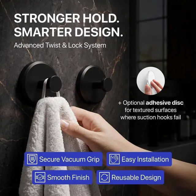 Alt view image 9 of 14 - Suction Cup Hooks for Shower & Bathroom Towel Holder 2-Pack Suction Cups Hooks for Hanging Towels, Robes, & Coats - Tiles, Glass Door or Mirror Shower Hooks & Towel Hooks Organizer - Black