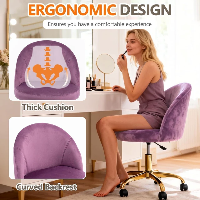 Alt view image 10 of 14 - Pink Vanity Desk Chair Comfy with Back and Wheels,Velvet Rolling Office Chair for Vanity Makeup Room,Height Adjustable,360 Swivel (Purple)