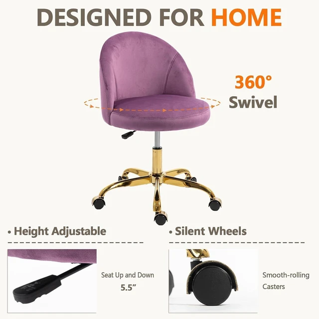 Alt view image 11 of 14 - Pink Vanity Desk Chair Comfy with Back and Wheels,Velvet Rolling Office Chair for Vanity Makeup Room,Height Adjustable,360 Swivel (Purple)