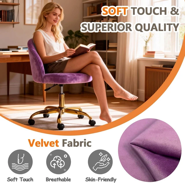 Alt view image 12 of 14 - Pink Vanity Desk Chair Comfy with Back and Wheels,Velvet Rolling Office Chair for Vanity Makeup Room,Height Adjustable,360 Swivel (Purple)