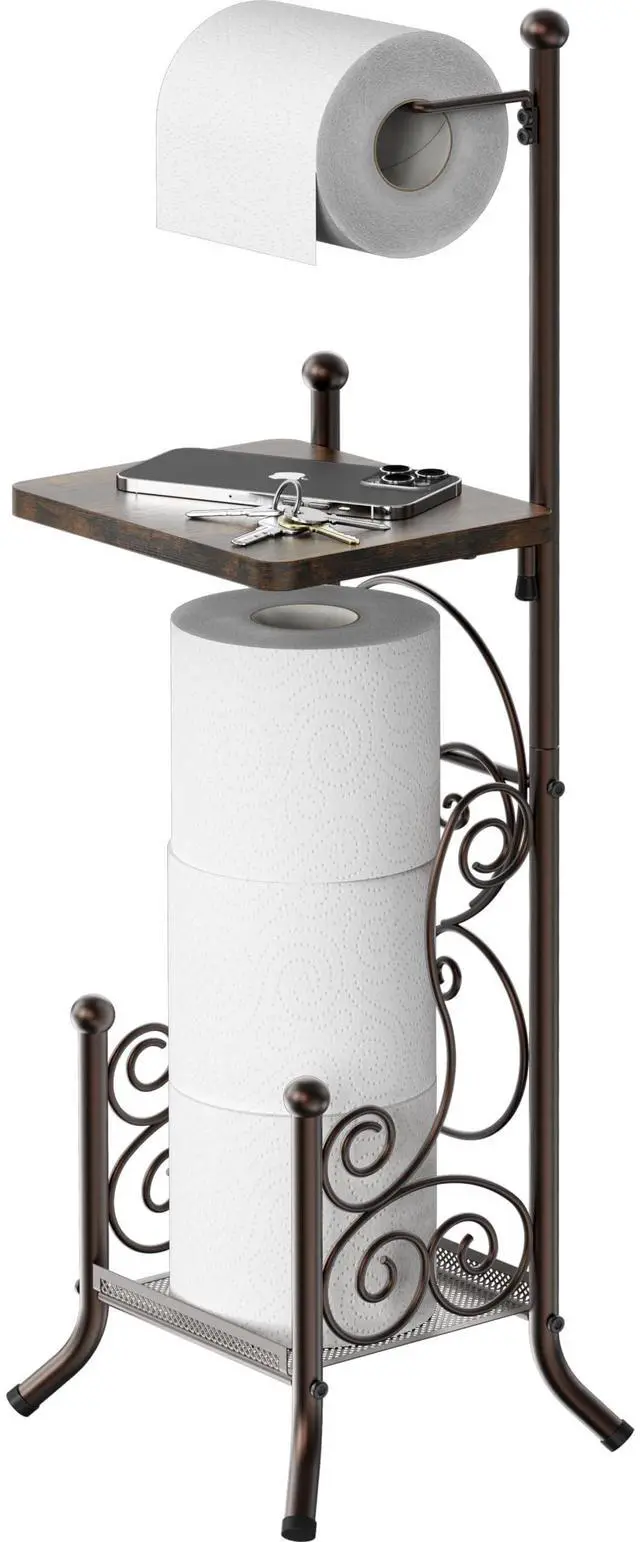 Alt view image 2 of 2 - English Style Toilet Paper Stand Holder w/Woodtop, Bronze | 4 Paper Rolls, 8.5" x 8.75" x 29.2"