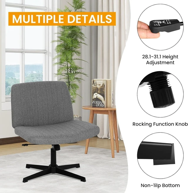 Alt view image 11 of 14 - Cross Legged Office Chair Desk Chair Without Wheels,Vanity Chair with Back Ergonomic Swivel Armless Chair Adjustable Height 29-34 Comfy Meditation Cloud Task Chair for HomeGrey