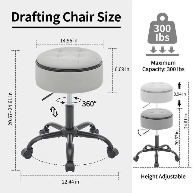 Alt view image 9 of 14 - Drafting Chair with Wheels (Chair & Small Table in One) (Adjustable Office Chair 20.67"-24.61"), Gray Stool for Desk with Storage