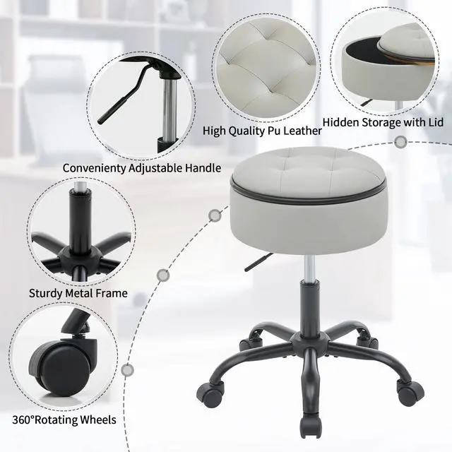 Alt view image 11 of 14 - Drafting Chair with Wheels (Chair & Small Table in One) (Adjustable Office Chair 20.67"-24.61"), Gray Stool for Desk with Storage