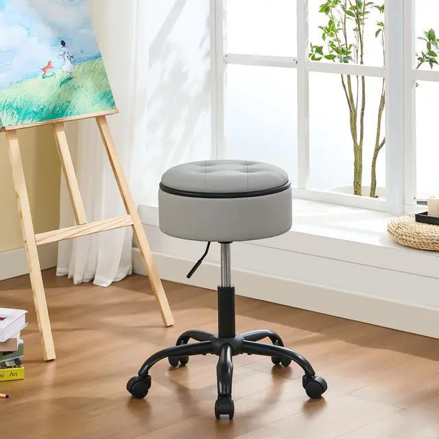 Alt view image 13 of 14 - Drafting Chair with Wheels (Chair & Small Table in One) (Adjustable Office Chair 20.67"-24.61"), Gray Stool for Desk with Storage